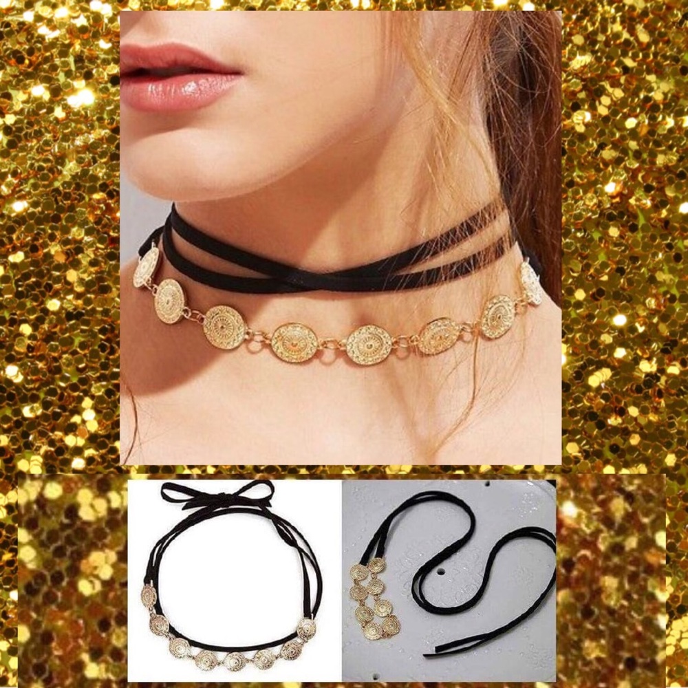 Gold Medallion Suede Lariat Tie Choker Necklace